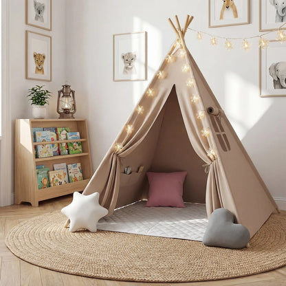 Foldable Teepee Tent with Cusions Mats LED Star String Lights, Portable Play Tent for Indoor/Outdoor Garden Playhouse Adventures