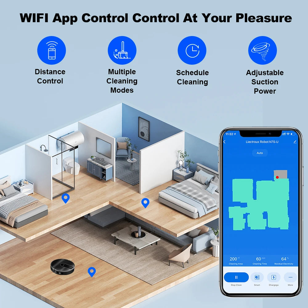 Robot Vacuum Cleaner LIECTROUX N7S-U,Smart Mapping,WiFi App,6KPa,5200MAH ,Brushless Motor,Ideal for Pet Hair