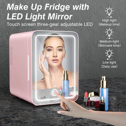 Skincare Fridge With Dimmable LED Light Mirror 4L Makeup Mini Fridge for Bedroom, Car, Office Portable Small Refrigerator