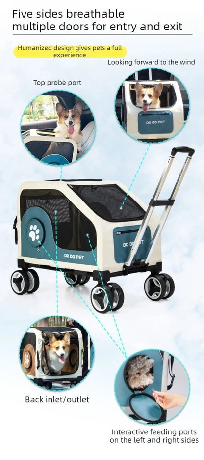 Pet Travel Luggage Cart with Folding Handlebar - Durable Oxford Fabric, Large Capacity, Breathable Mesh, Quiet Wheels