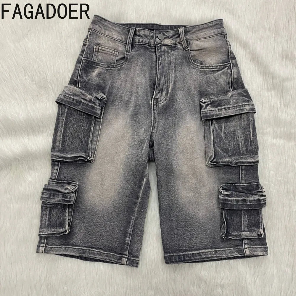 FAGADOER Fashion Straight Washed Denim Woman Solid Color Cargo Pants Patchwork Jeans Trousers Female Y2k Streetwear Bottoms New