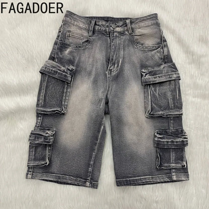 FAGADOER Fashion Straight Washed Denim Woman Solid Color Cargo Pants Patchwork Jeans Trousers Female Y2k Streetwear Bottoms New