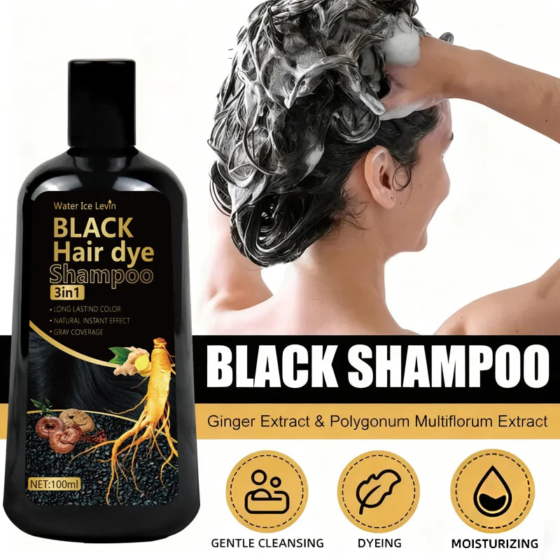 Pure Black Hair Dye Shampoo 3in1. Long Lasting Rich Color, Gray Coverage. Organic Ginger Polygonum Extracts. Gentle Effective.