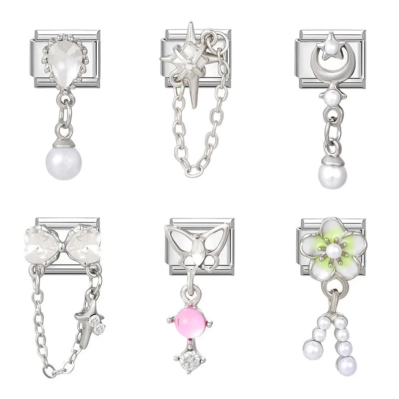 New Shiny Zircon Heart Butterfly Flower Star Bow Italian Charm Links Fit 9MM Stainless Steel Bracelet Girls' DIY Making Gift