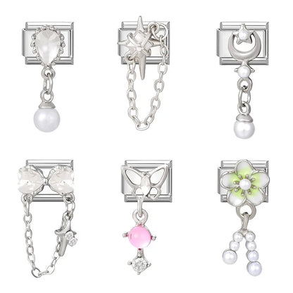 New Shiny Zircon Heart Butterfly Flower Star Bow Italian Charm Links Fit 9MM Stainless Steel Bracelet Girls' DIY Making Gift