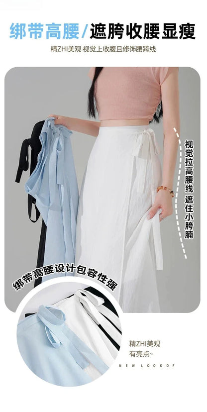 Chic Korea Clothes Summer Women Cute Sweet GIrls Solid Robe Holiday Date High Waist Retro Vintage Wrap One-Piece Lace-Up Skirts