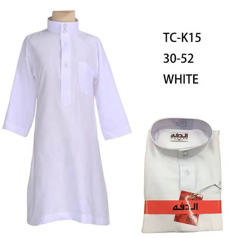 New Islamic Kaftan Children Jubba Thobe Muslim Boys Abaya Kids Burqas White Arab Stand Collar Long Sleeved Robe Muslim Fashion