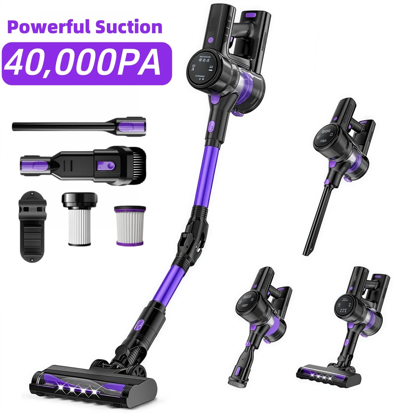 Cordless Vacuum Cleaner, 40KPa/50Mins/3 Modes, Cordless Stick Vacuum with LED Display & Foldable Lightweight Design, Rechargeable Handle Cleaners for Home, Pet Hair, Carpet, Hard Floor