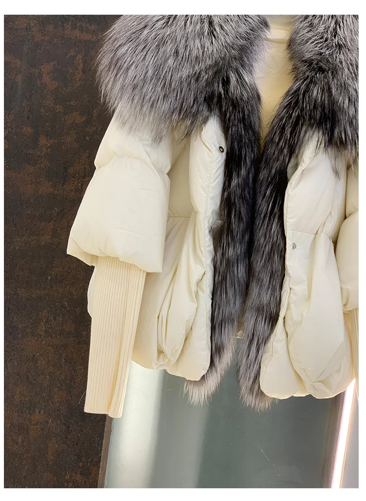 Oversized Winter Warm Real Fox Fur Collar Black Down Coat Women Puffer Outerwear Jackets 2024 Autumn Winter