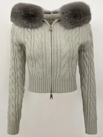 Fashion Natural Fox Fur Collar with Knitted Sweater Women Casual Sweater 2025 New Spring Autumn Slim Fit Elastic Oversized Coat