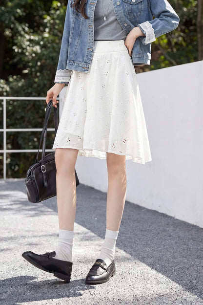 SENTUBILA Women's White Cotton Summer Skirt 2026 Woman Fashion Hollow Embroidery A-Line Short Skirt Female Clothes Q62QG7173