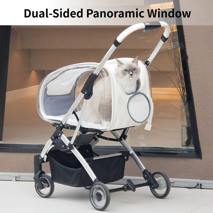 Clear View Foldable Portable Pet Stroller Button Closure Breathable Lightweight Travel Cart Transparent Window For Cats Dogs