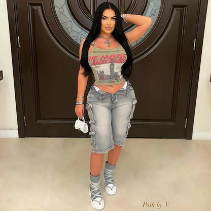 FAGADOER Fashion Straight Washed Denim Woman Solid Color Cargo Pants Patchwork Jeans Trousers Female Y2k Streetwear Bottoms New
