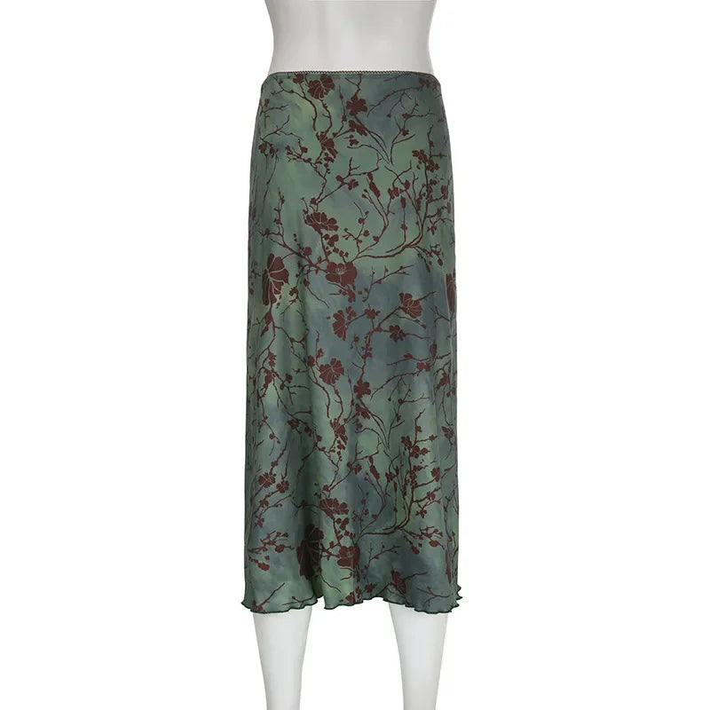 Harajuku Floral Print Long Skirt Vintage Low Rise Straight Midi Skirts for Women Autumn Basic All-match Skirts Ladies Y2k