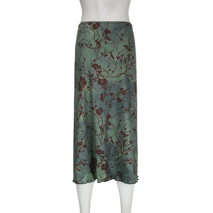 Harajuku Floral Print Long Skirt Vintage Low Rise Straight Midi Skirts for Women Autumn Basic All-match Skirts Ladies Y2k
