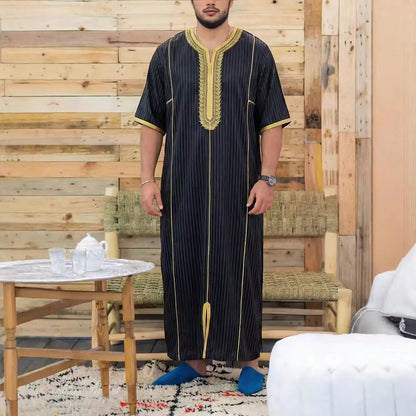 Muslim Men's Morocco Gandoura Thobe Loose Short Sleeves Gorgeous Embroidery Comfortable Islamic Men's Traditional Clothing Party