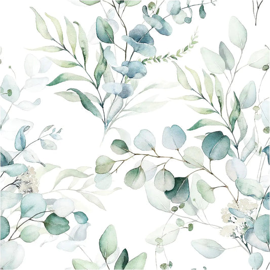 Green Leaves Peel and Stick Wallpaper Green/White Eucalyptus Leaf Floral Self Adhesive Wallpaper Wall Mural Home Nursery Decor