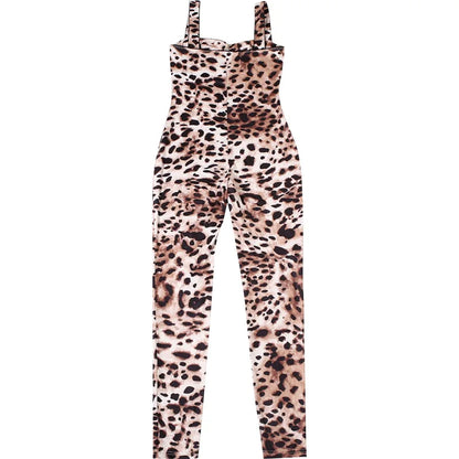 VEITCHE Leopard Printed Women Summer Jumpsuits Sexy Hot Popular Low Neck Spaghetti Strap Skinny Overalls Female Trend Midnight