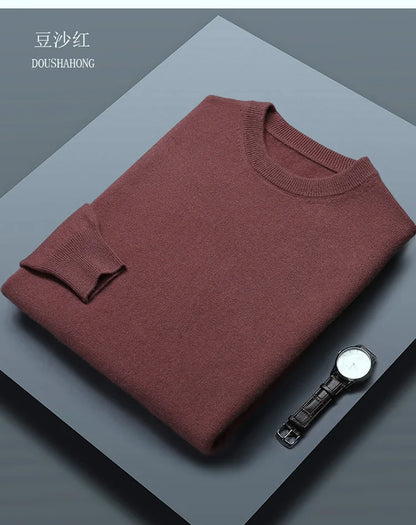 Classic Solid Color Men's O-neck Sweater Autumn Winter 100% Merino Wool Knitted Pullover Long Sleeve Warm Loose Casual Men Tops