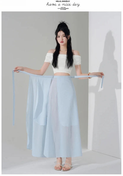 Chic Korea Clothes Summer Women Cute Sweet GIrls Solid Robe Holiday Date High Waist Retro Vintage Wrap One-Piece Lace-Up Skirts