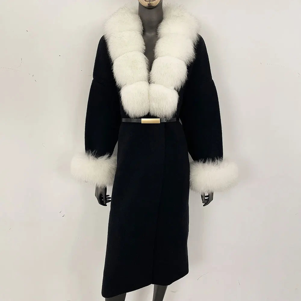 Long Knitwear Coat Women Warm Belt Real Fox Fur Jacket Female 2024 New Autumn Winter Kintted Natural Fur Coat Women