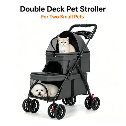 Dual‑Layer Pet Stroller Foldable Travel Dog Cat Cart Breathable Mesh Wagon with Cup Holder Storage Bag for Small Animals