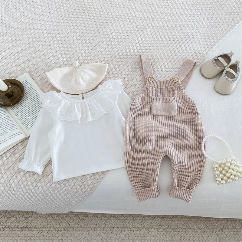 FOCUSNORM 0-3Y Winter Baby Boys Girls Overalls Jumpsuits Sleeveless Front Pocket Solid Color Knitted Romper Outfit