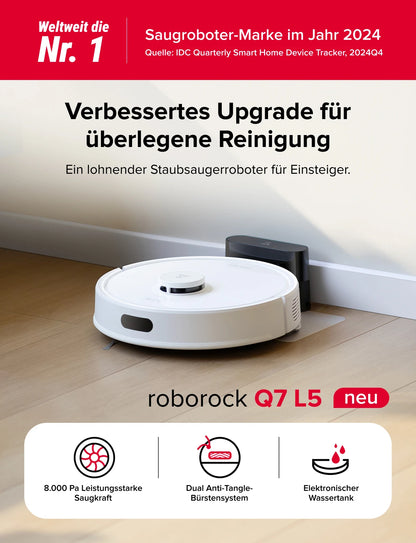 Roborock Q7 L5 robot vacuum cleaner (Q5 Pro upgraded version) has 8000Pa super suction, double anti-entanglement, precise LiDAR navigation, and intelligent restricted area.