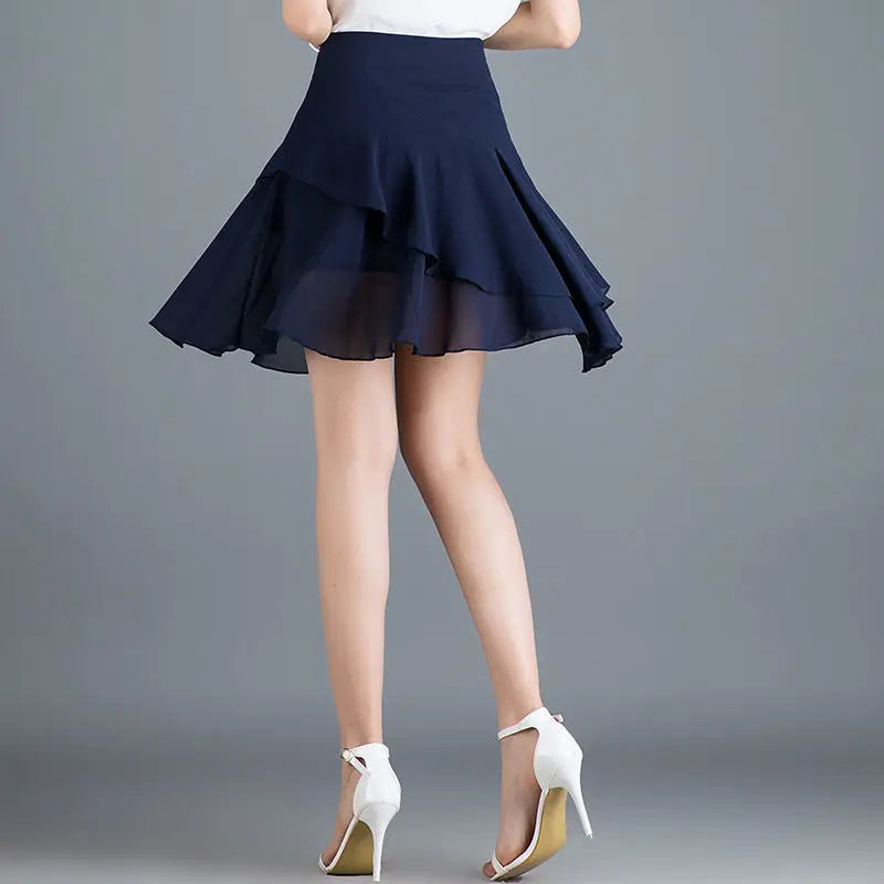 Fashion Solid Color Spliced Ruffles Chiffon Skirts Women's Clothing Summer New Loose Office Lady Elastic High Waist Skirts