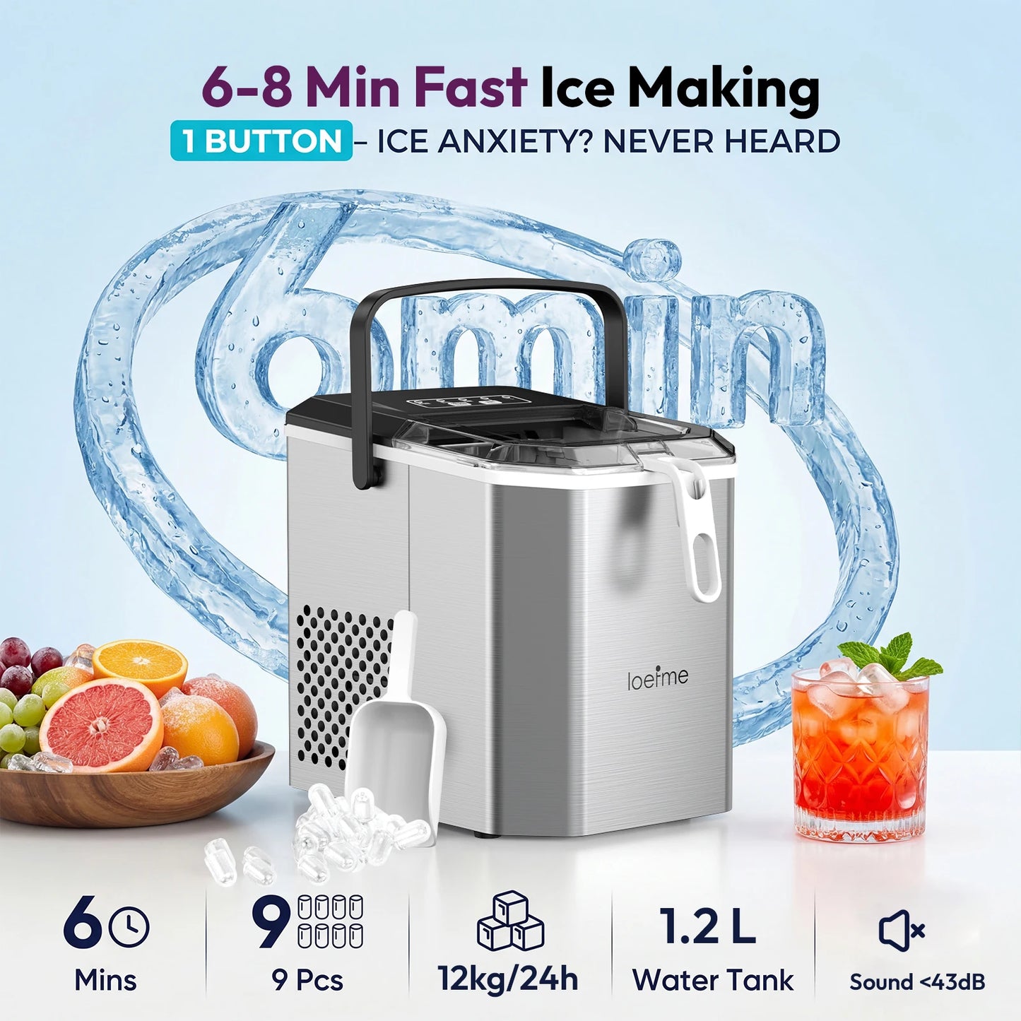LOEFME 12kg/24h Electric Ice Maker Desktop Fully Automatic Bullet Ice Fast Ice Maker Machine Self-Cleaning Home Cafes Camping