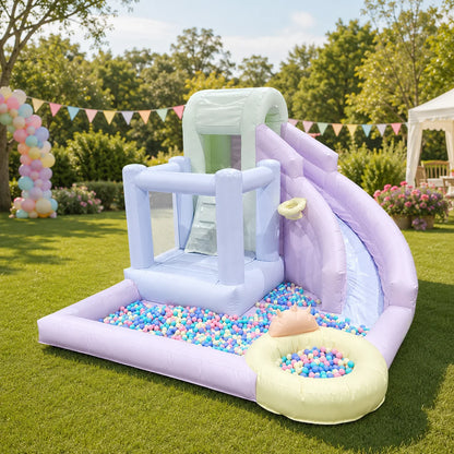 Pastel Macaron Inflatable Bouncer with Water Slide and Ball Pit PVC Wet Dry Bouncy Castle with Basketball Hoop for Kids Party
