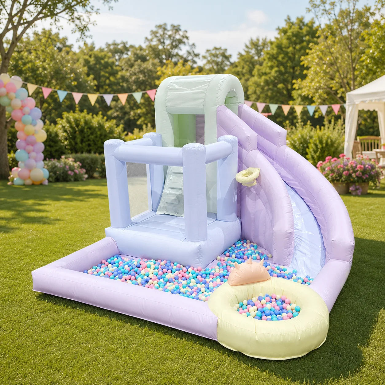 Pastel Macaron Inflatable Bouncer with Water Slide and Ball Pit PVC Wet Dry Bouncy Castle with Basketball Hoop for Kids Party