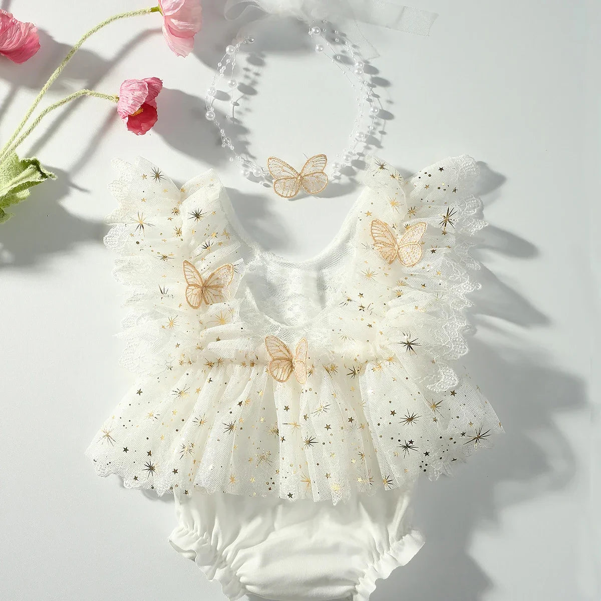 Baby Girl Outfit  Newborn Photography Princess Tutu Butterfly Glitter Star Lace Romper with Pearl Headband Infant Photo Props