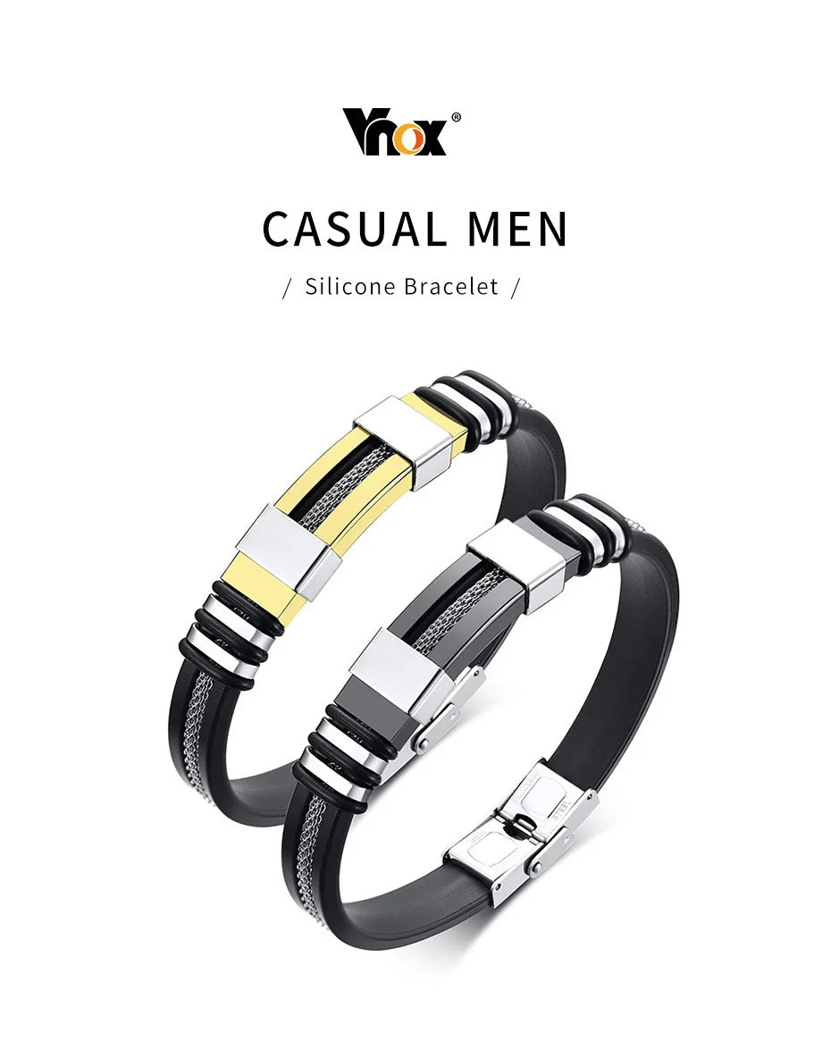 Vnox Stainless Steel Bracelet Men Wrist Band Black Grooved Rudder Silicone Mesh Link Insert Punk Wristband Stylish Casual Bangle