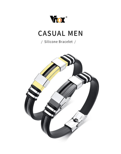 Vnox Stainless Steel Bracelet Men Wrist Band Black Grooved Rudder Silicone Mesh Link Insert Punk Wristband Stylish Casual Bangle