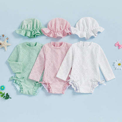 Infant Baby Girl Eyelet Swimsuit with Swimming Hat Toddler 2 Pcs Set Long Sleeve Round Neck Ruffled Romper Kids Bathing Suit