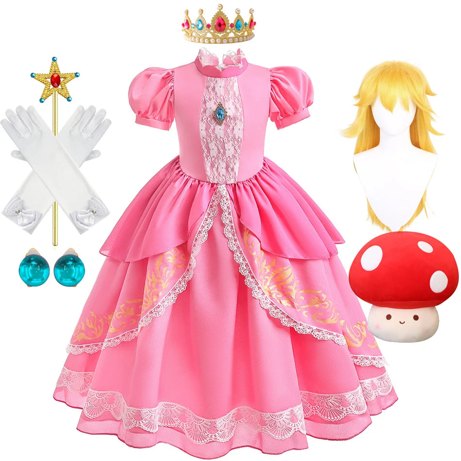 Peach Princess Costume with LED Color Light Toddler Birthday Game Role Play Dress Girl Halloween Festival Gown Pink Lace 4-8 Y