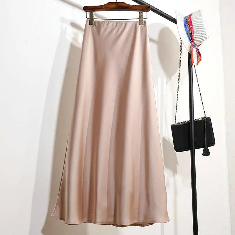 Botvotee Elegant Satin Long Skirt for Women Spring Summer 2025 Office Ladies Korean Style Loose Elastic Band Midi Skirts