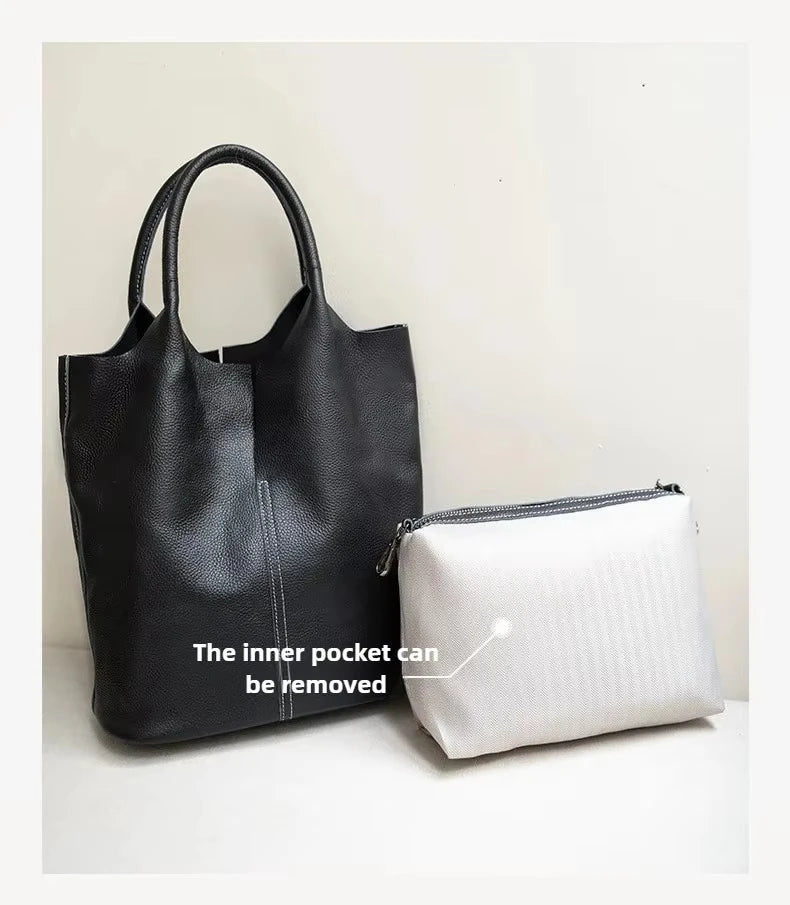 Genuine Grade Leather Women Commuter Tote Bag Ladies Soft Cowhide Tote Shoulder Handbag Large Female Bucket Bag Luxury Designer