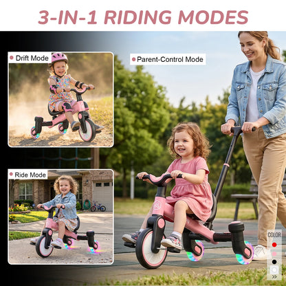 3-IN-1 Toddler Tricycle For 1.5-5 Years Old Drift Trike With 360° Spin Light Up Wheels Adjustable Seat Strong Frame Easy Assembly 3 Ride Modes Toddler Bike For Boys And Girls Indoor Outdoor Use White Pink Black Red