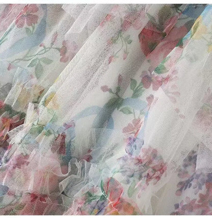 Faldas Y2k Elastic Waist Floral Print Mesh Skirt Women Summer Beach Vacation Style Versatile Stitching A-line Elegant Long Skirt