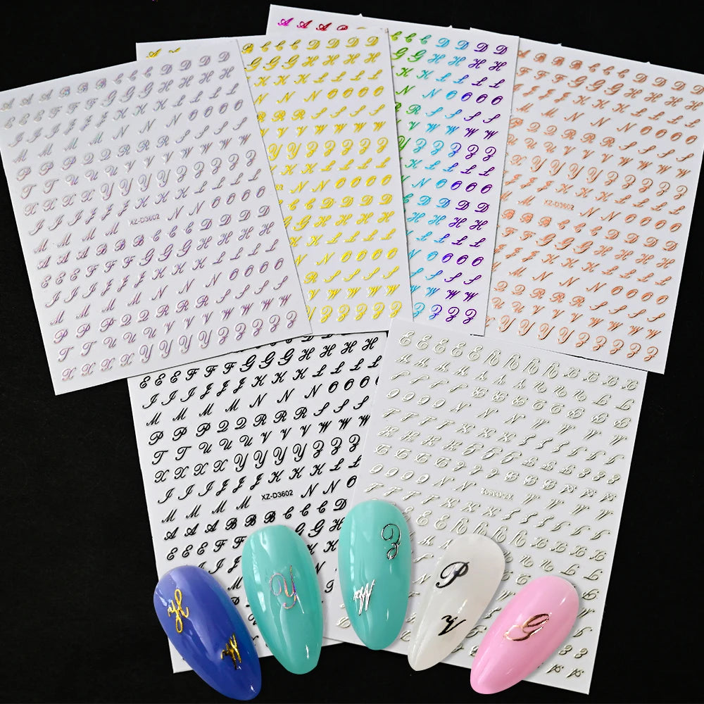 1Pc 3D Roman Letter Nail Stickers Gold/Silver/Black/Laser Alphabet Self Adhesive Decal Y2K English Words/Number Manicure Sliders