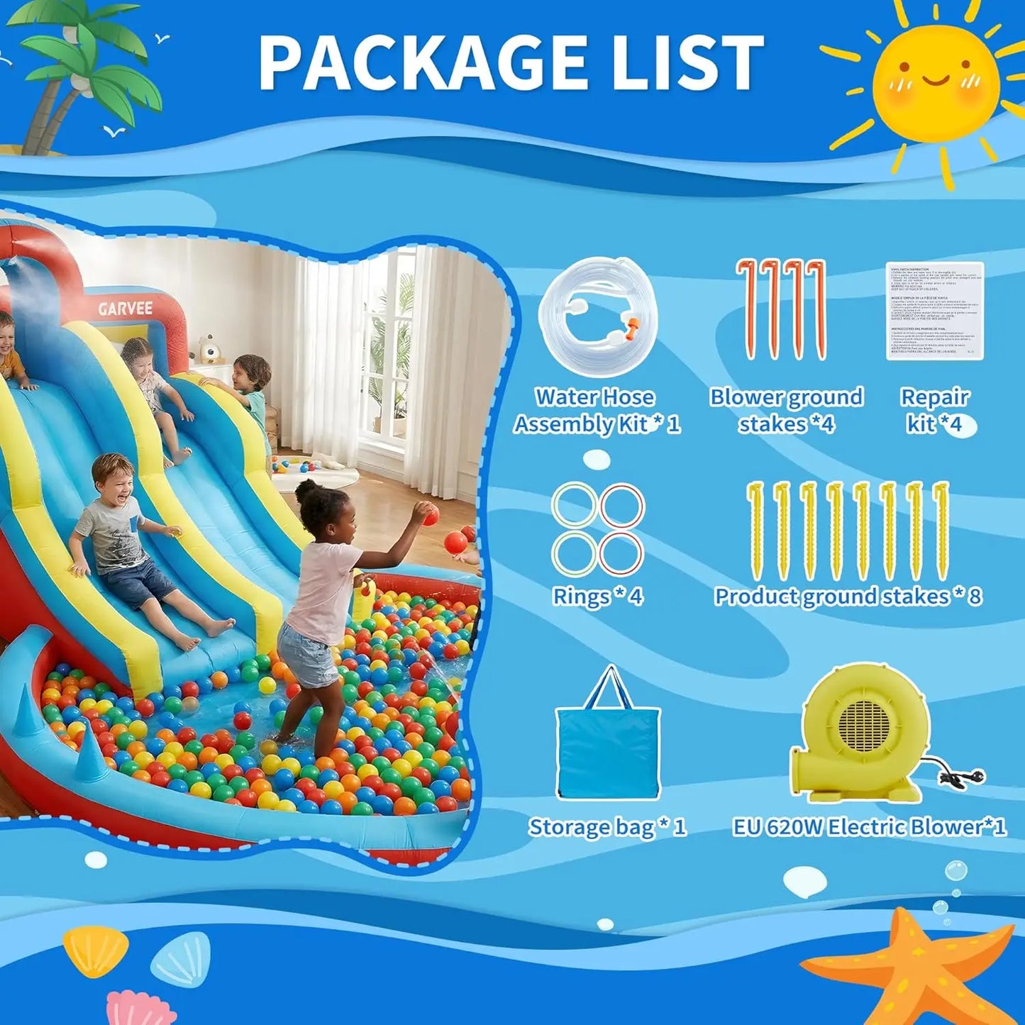 Garvee Kids Bouncy Castle with Water Slide, Large Inflatable with Blower, Jumping Area, Water Gun, Splash Pool, Outdoor Slide, Children’s Play Bouncer for Indoor or Outdoor Garden Games, Backyard Toy