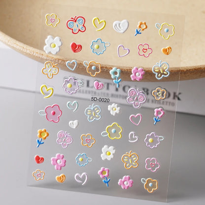 1PC 5D Macaron Flower/Fruit Nail Charms Sticker Embossed Bear/Rabbit/Letter Nails Slider Decals Summer Adhesive Manicure Decor&Y