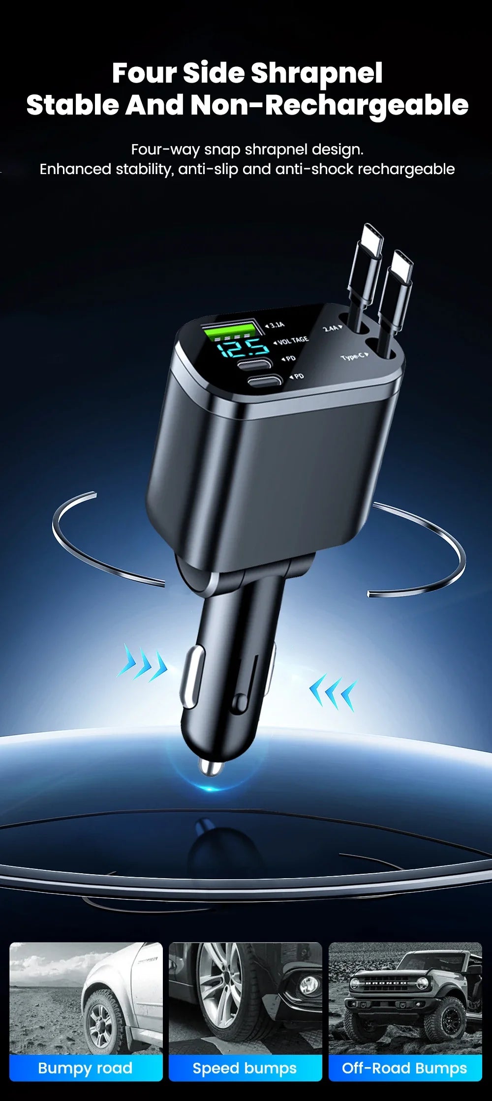 5 in 1 150W Car Charger Voltage Display PD30W Super Fast Charging 22.5W With Retractable Cable For IPhone Xiaomi Samsung
