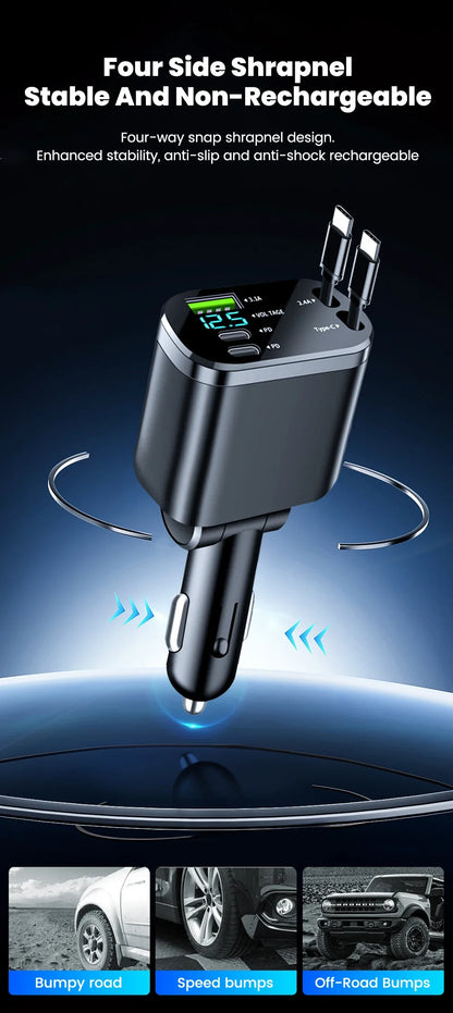 5 in 1 150W Car Charger Voltage Display PD30W Super Fast Charging 22.5W With Retractable Cable For IPhone Xiaomi Samsung