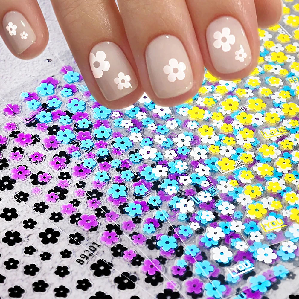 1Pcs 3D Black White 5-Petal Flowers Nail Stickers Mini Florals Self-Adhesive Nail Decals Fresh Bloom Manicure Decorations Slider
