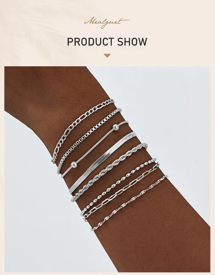 Women Chain Bracelet Silver Color, Stainless Steel Link Stackable Bracelets, Layered Waterproof Gifts