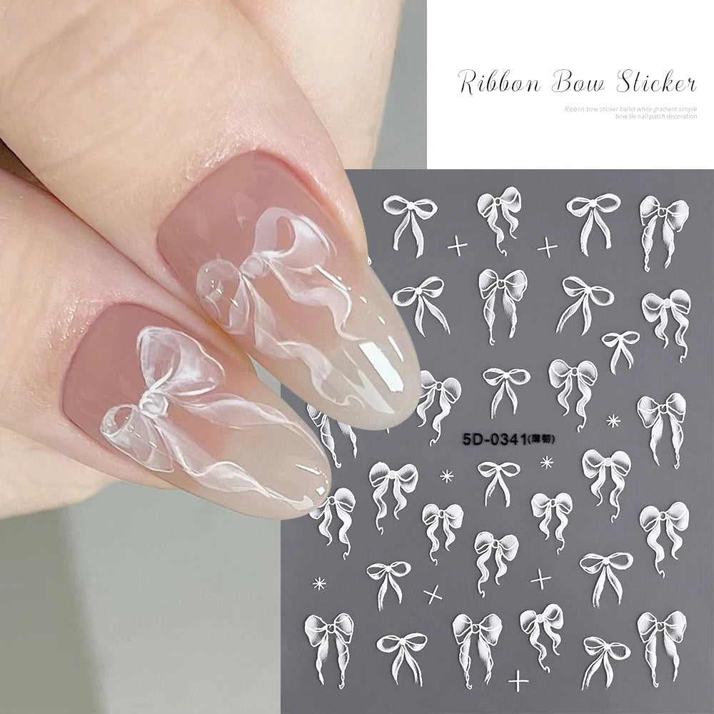 1pcs 5D White Lace Bowknot Nail Art Sticker Sweet Pearl  Bow Ribbon Self-Adhesive Nail Slider DIY Luxury Nail Decorations Decals