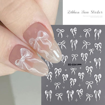 1pcs 5D White Lace Bowknot Nail Art Sticker Sweet Pearl  Bow Ribbon Self-Adhesive Nail Slider DIY Luxury Nail Decorations Decals